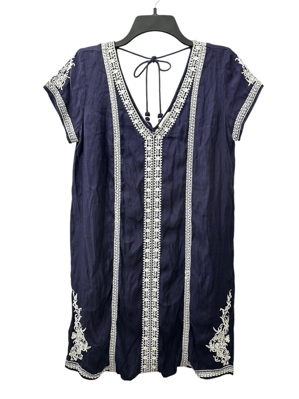 Sundance Dress Navy White Embroidered V-Neck Tassel Ties Women’s Size XS